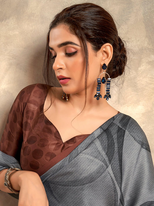 Charcoal Grey Minimal Printed Saree with Blouse for Elegant Wear