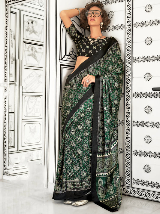 Dark Green Geometric Printed Satin Saree with Black Border & Blouse