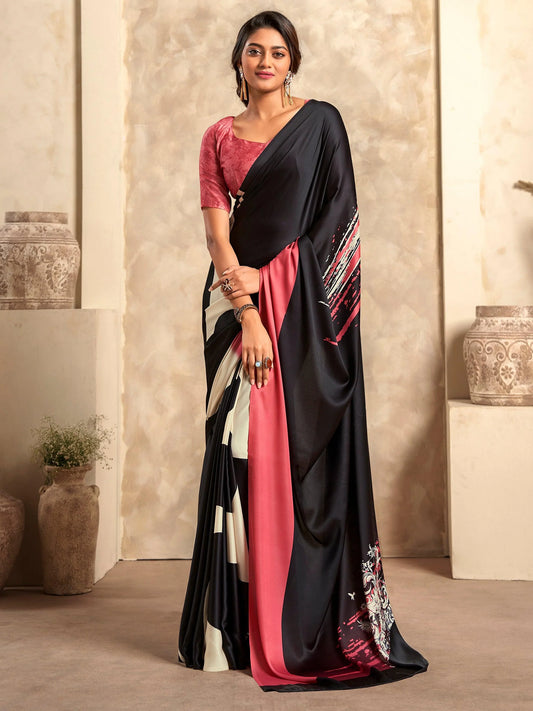 Elegant Black & Maroon Digital Printed Satin Saree with Blouse for Party & Festive Wear