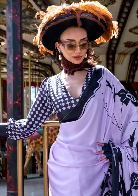 Graceful Lilac Satin Saree with Designer Print and Blouse