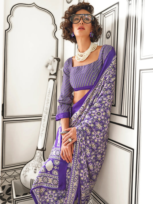 Graceful Violet Printed Satin Festival Wear Saree with Blouse