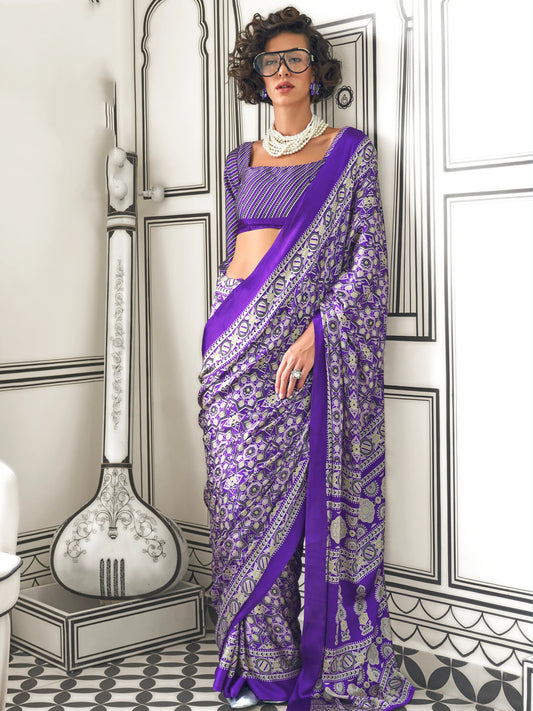 Graceful Violet Printed Satin Festival Wear Saree with Blouse
