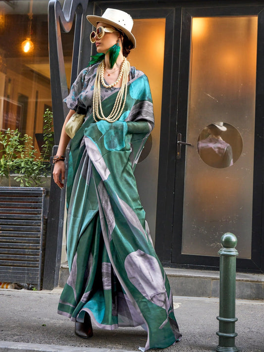 Green & Grey Bold Abstract Printed Satin Saree with Blouse