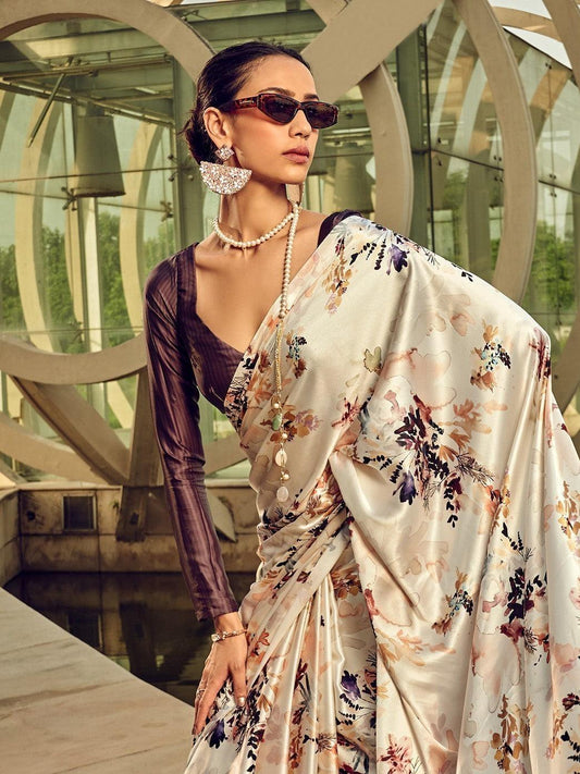 Ivory Floral Printed Satin Saree with Striped Border & Blouse