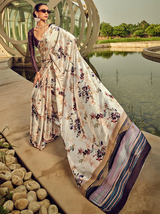 Ivory Floral Printed Satin Saree with Striped Border & Blouse