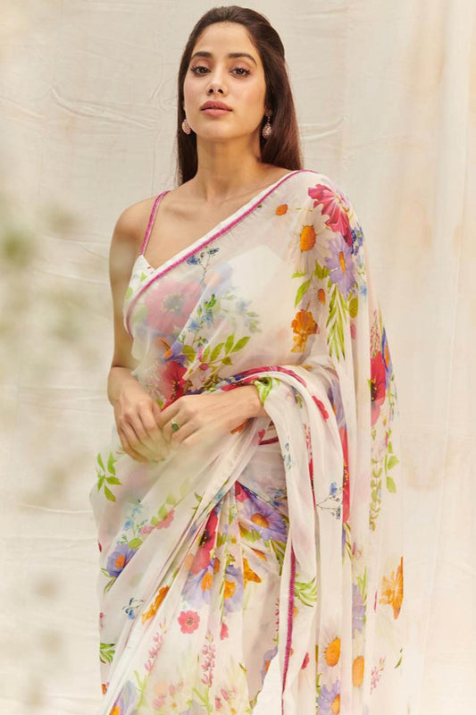 Janhvi Kapoor White Floral Organza Saree with Pink Border for Summer Look