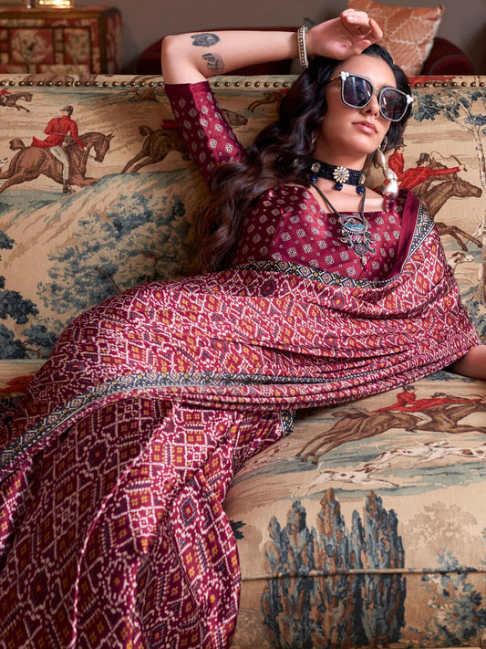 Maroon Ajrakh Printed Satin Saree with Blouse