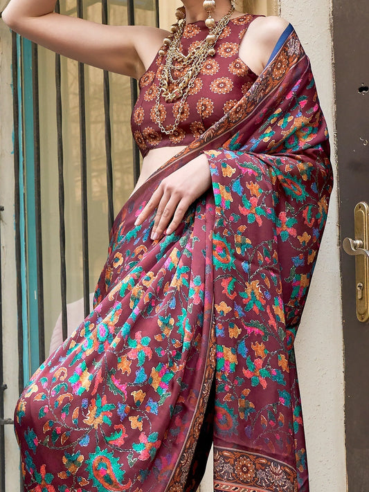 Maroon Multicolor Kashmiri Printed Satin Saree with Blouse for Festive Wear