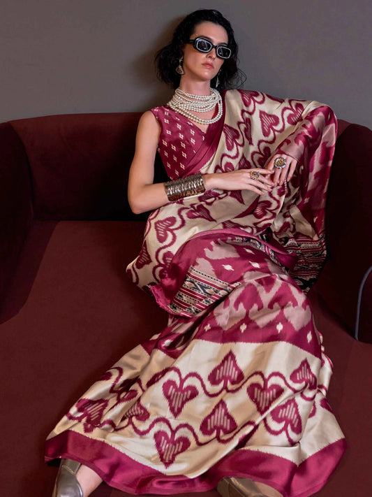 Maroon & Beige Ikat Printed Saree with Blouse for Festive Wear