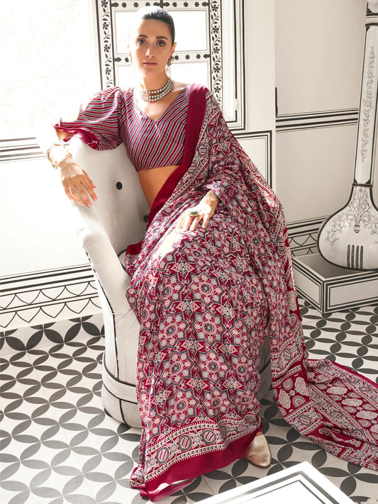 Maroon & White Traditional Printed Saree with Blouse for Festive Wear