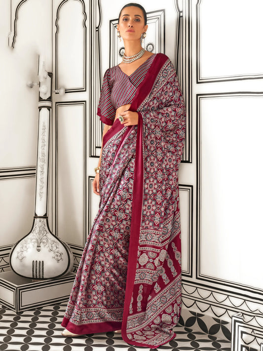 Maroon & White Traditional Printed Saree with Blouse for Festive Wear