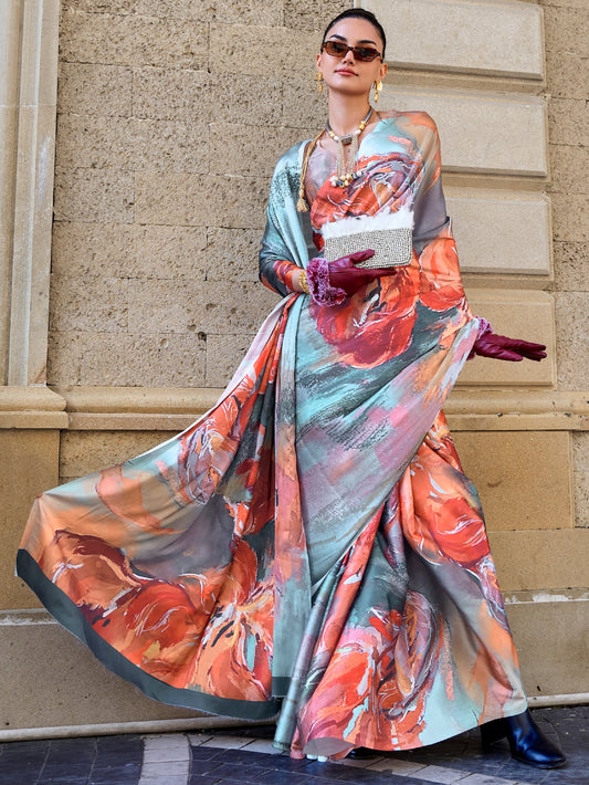 Mint Green & Orange Floral Printed Satin Saree with Blouse for Events