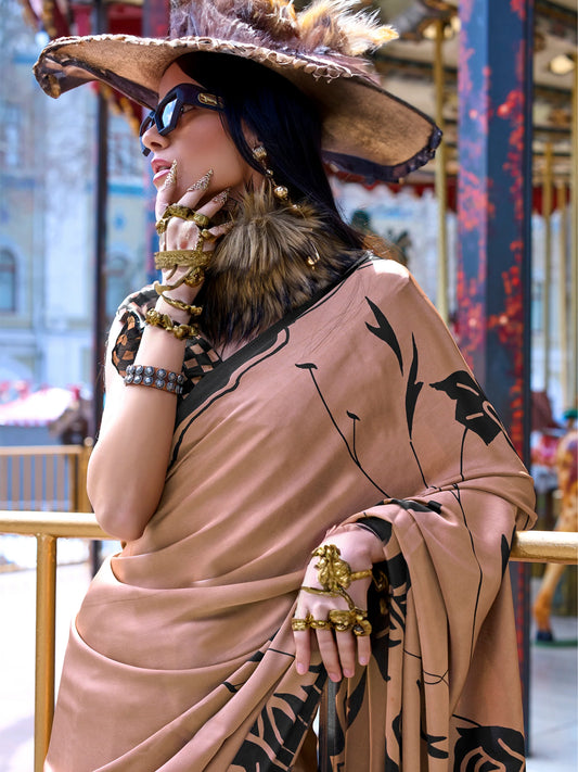 Mocha Brown Satin Saree with Bold Black Floral Print and Blouse