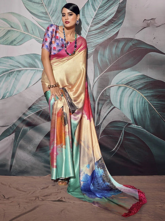 Multicolor Abstract Printed Satin Saree with Blouse for Party Wear