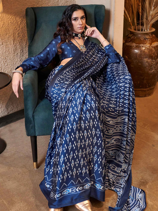 Navy Blue Ajrakh Printed Satin Saree with Blouse for Festive & Ethnic Wear