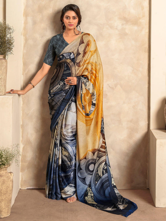 Navy & Mustard Abstract Printed Satin Saree with Blouse for Party Wear