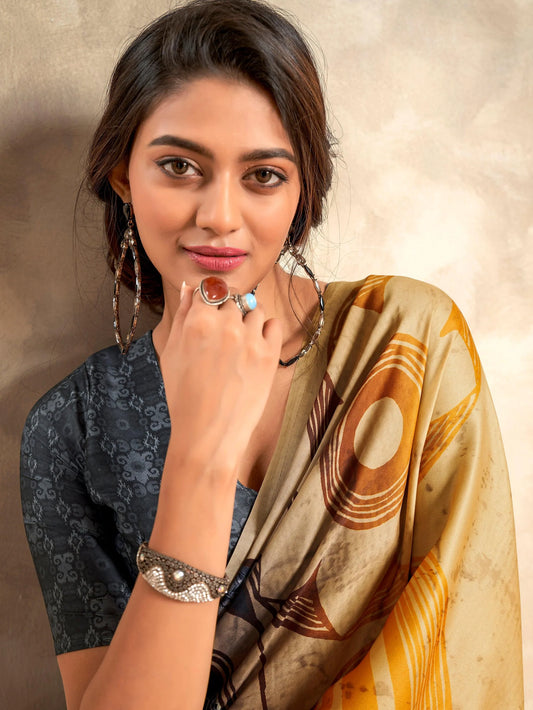Navy & Mustard Abstract Printed Satin Saree with Blouse for Party Wear