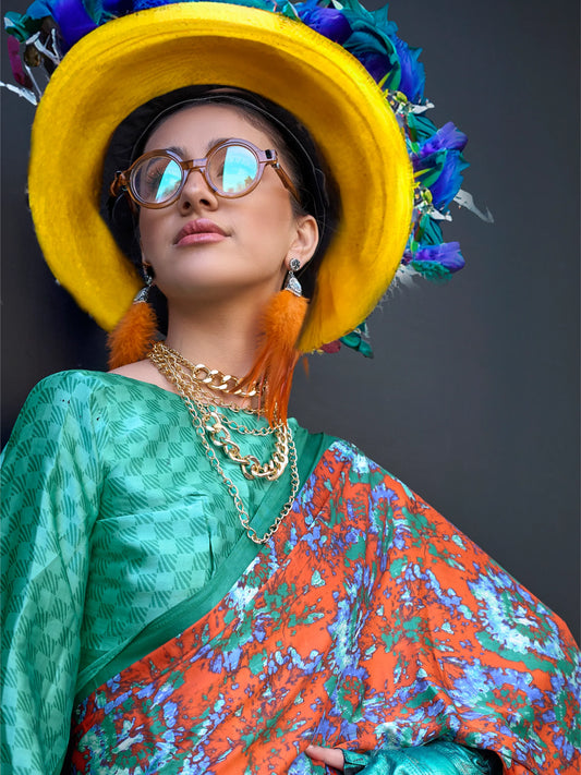 Orange & Green Floral Printed Saree with Blouse for Festive Look