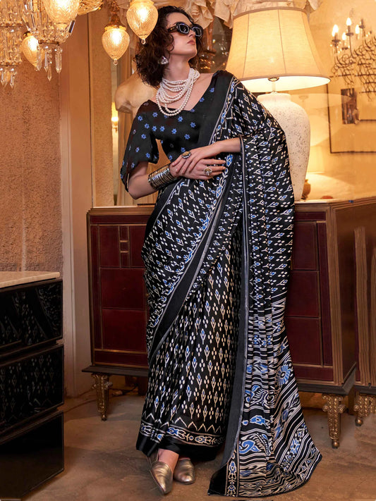 Premium Black Satin Event Wear Saree with Digital Detailing