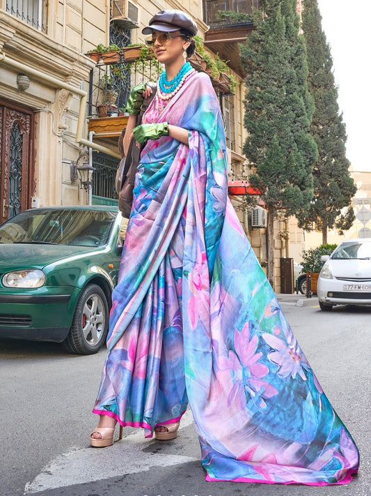 Premium Multi-Color Digital Printed Saree in Soft Satin Fabric