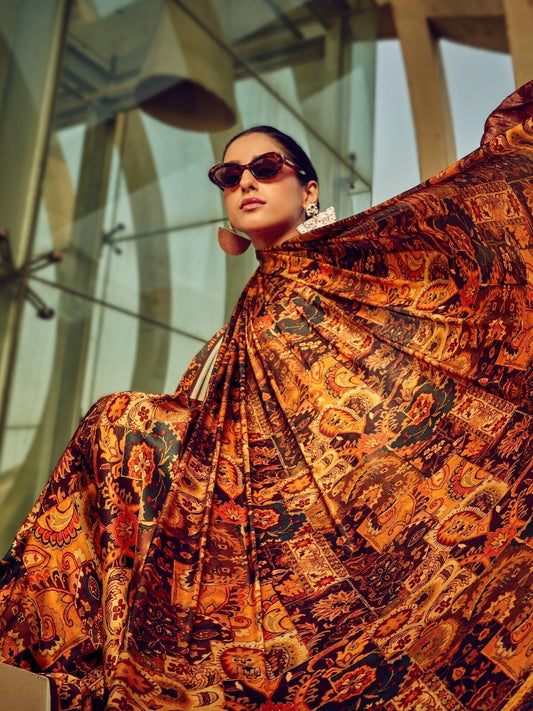 Rust Orange & Brown Ethnic Printed Satin Saree with Blouse for Festive Wear