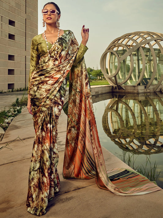Vibrant Multi-Shade Satin Saree with Digital Print & Blouse