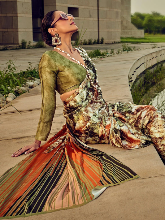 Vibrant Multi-Shade Satin Saree with Digital Print & Blouse