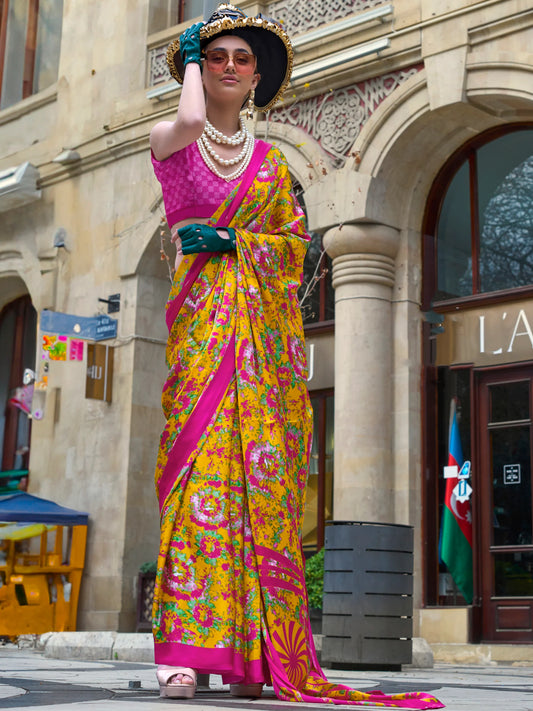 Yellow & Pink Floral Printed Saree with Blouse for Festive Wear