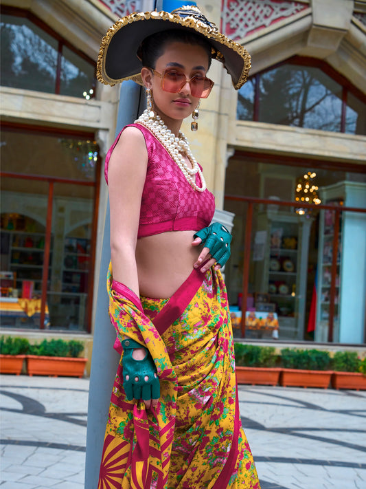 Yellow & Pink Floral Printed Saree with Blouse for Festive Wear