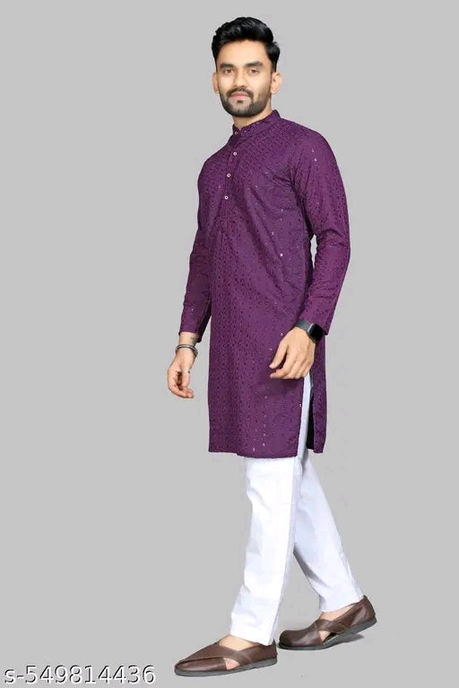 Men's Embroidered Purple Traditional Wear Kurta