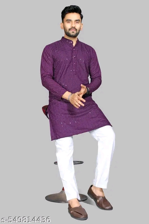 Men's Embroidered Purple Traditional Wear Kurta